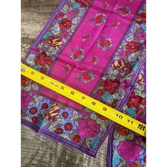 Vintage Liz Claiborne 100% Silk Scarf Purple Flowers Floral Vibrant Rectangle - Picture 7 of 11